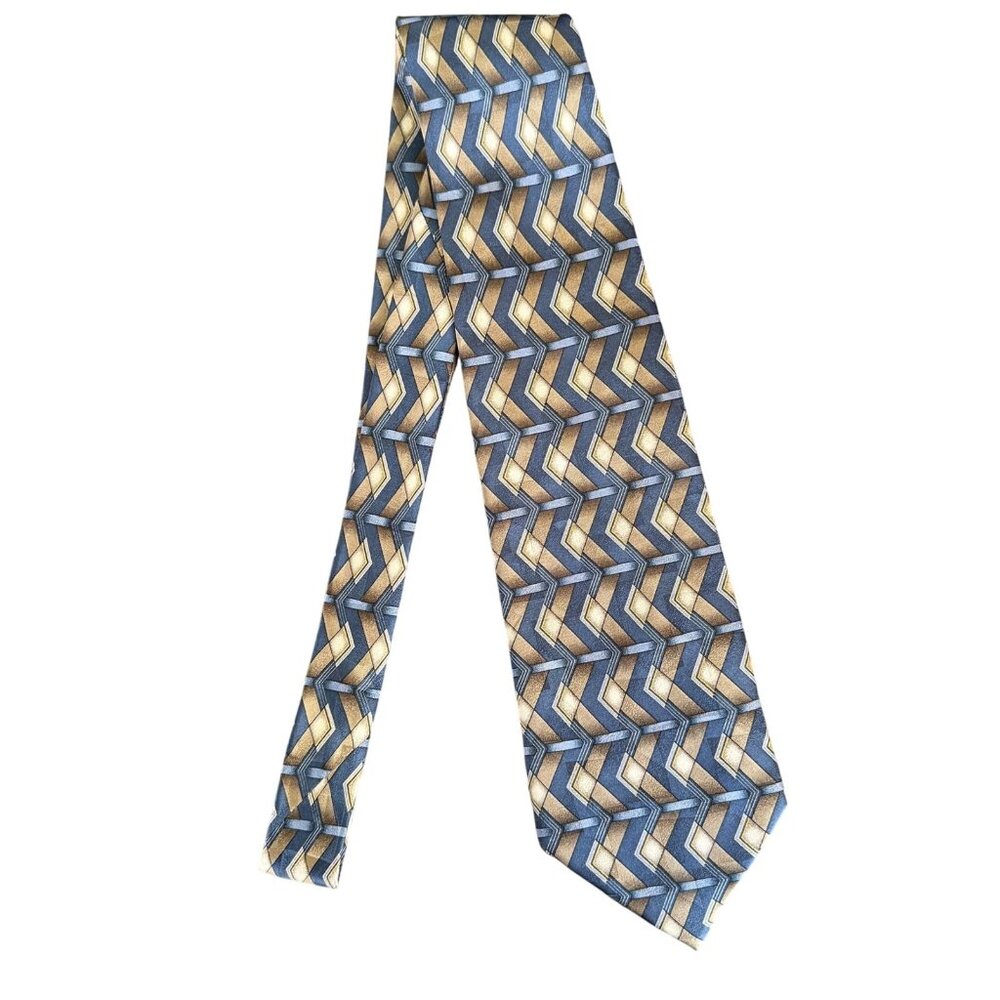 Vintage Via Europa Silk Tie Blue and Gold Geometric Pattern 58in x 4in Bold 90s